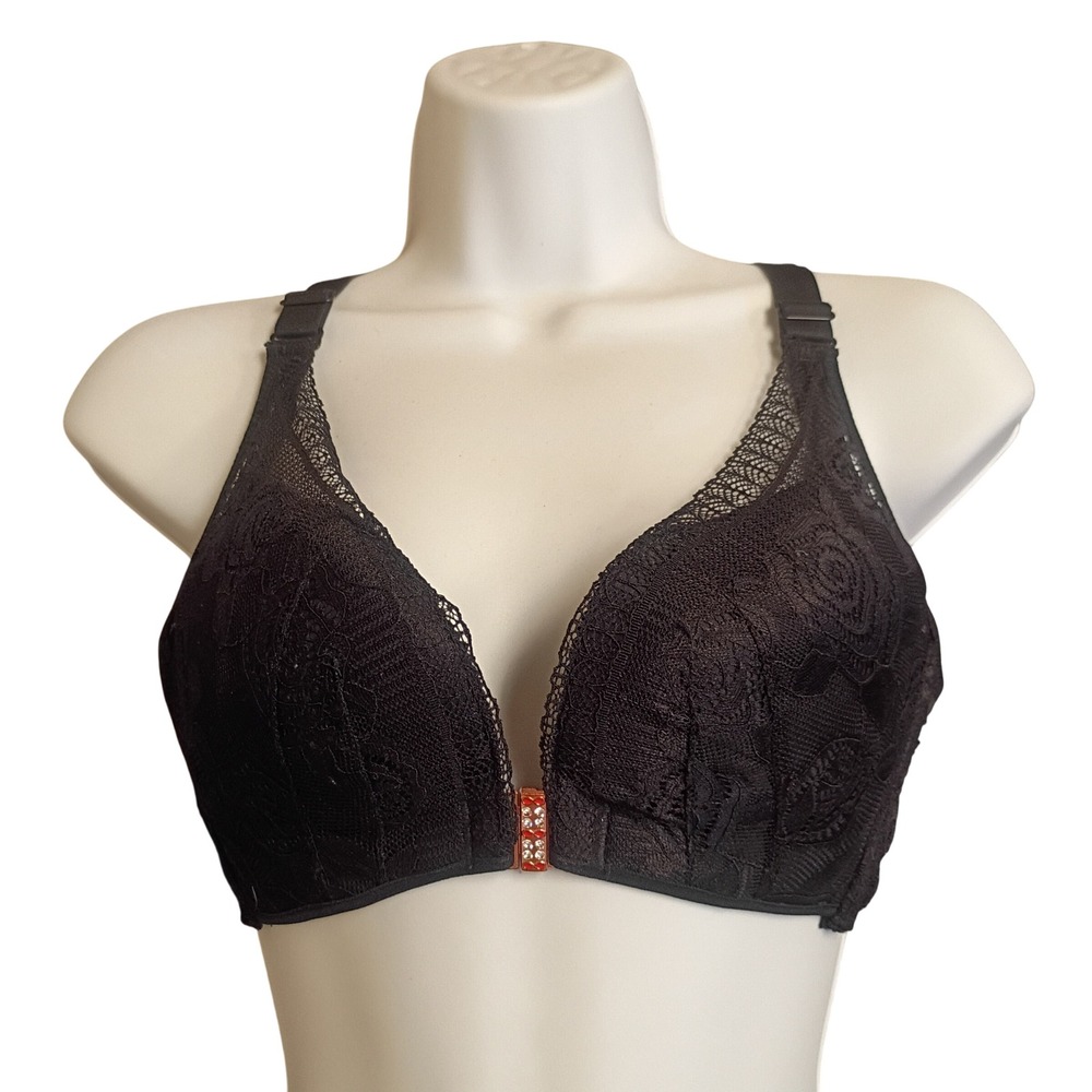 Unbranded Lace Rose Racerback Bra Womens 36/80 Black Front Clasp Rhinestone
